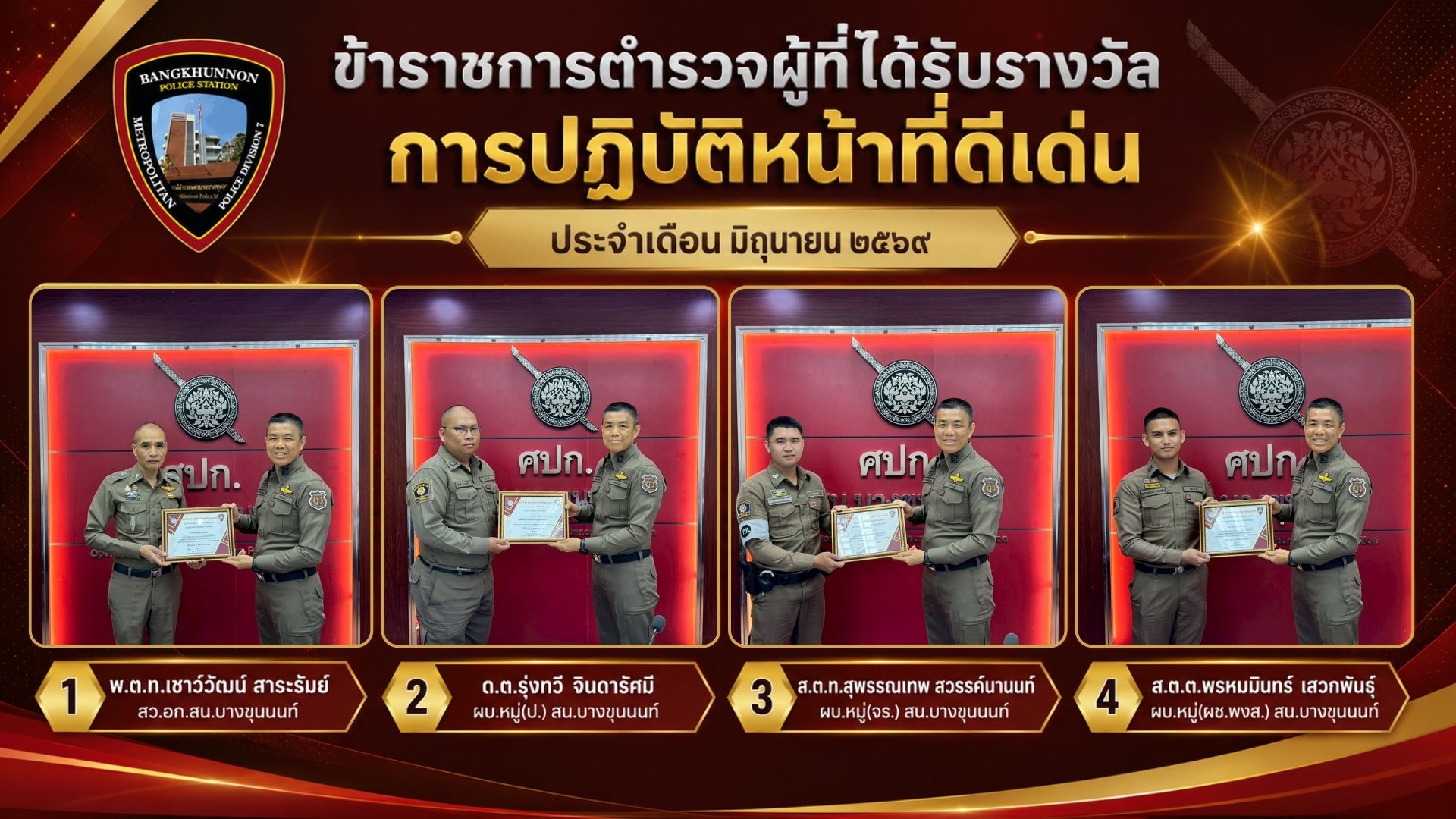 ข้าราชการตำรวจผู้ปฏิบัติหน้าที่ดีเด่น ประจำเดือนมิถุนายน 2569