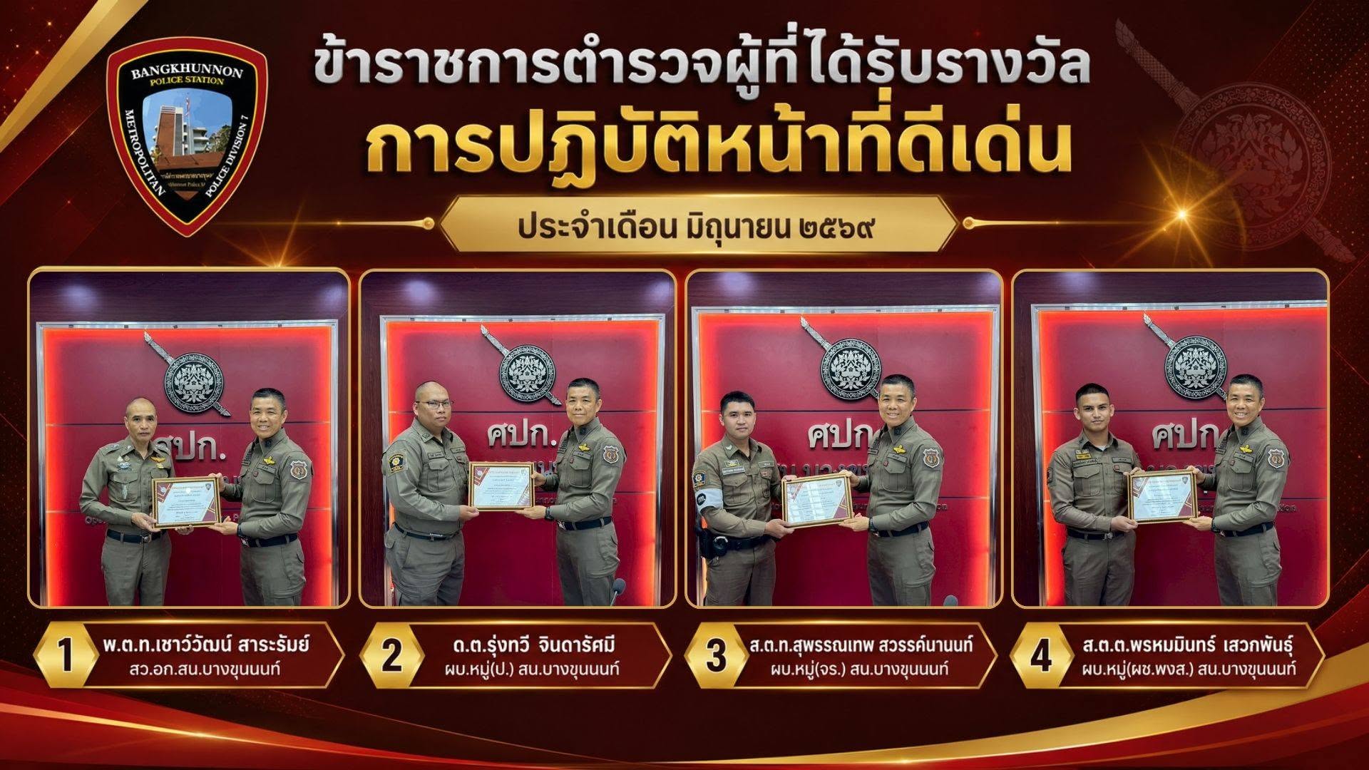 ข้าราชการตำรวจผู้ปฏิบัติหน้าที่ดีเด่น ประจำเดือนมิถุนายน 2569